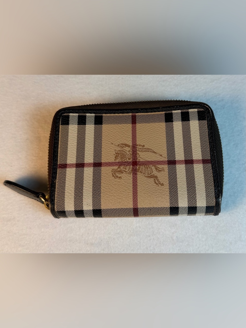 Burberry Haymarket Check Zip Around Wallet Black Leather Equestrian Knight